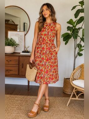 Forever 21 Contemporary Floral Midi Dress Medium Retro 70s Mod Sleeveless
